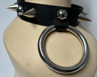Leather Choker with big O ring pendant,Punk choker,Gothic choker,Spikes leather choker,O ring choker