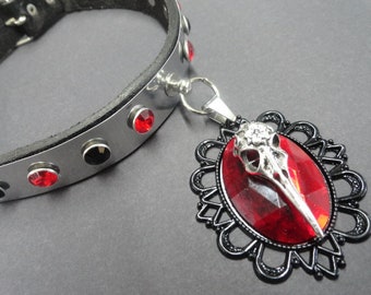 Leather & Stainless Steel choker with Raven head on Red stone.Punk Gothic Cosplay