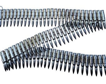 May include: A silver-colored belt made of linked bullet casings.