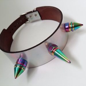 Cyber Goth Biker Punk Heavy Metal Leather Choker with Holographic Leather and Iridescent Spikes