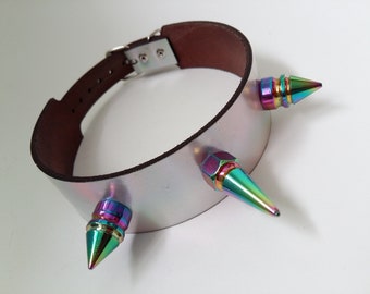 Cyber Goth Biker Punk Heavy Metal Leather Choker with Holographic Leather and Iridescent Spikes