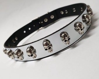 Goth Punk Leather Choker with Stainless Steel plate and skull heads rivets