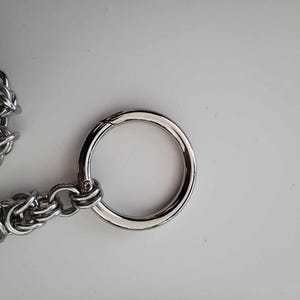 K&ouml;nnte beinhalten: Nahaufnahme einer silberfarbenen Kette mit einem gro&szlig;en, runden Verschluss. Die Kette besteht aus ineinander verschlungenen Gliedern, und der Verschluss ist ein glatter, polierter Ring mit einem Scharnier. Die Artikel befinden sich auf einer wei&szlig;en Oberfl&auml;che.