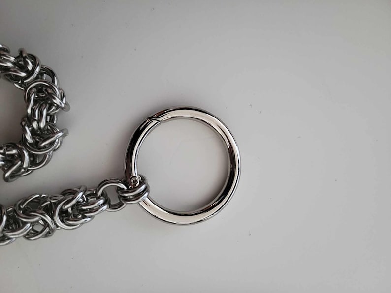 K&ouml;nnte beinhalten: Nahaufnahme einer silberfarbenen Kette mit einem gro&szlig;en, runden Verschluss. Die Kette besteht aus ineinander verschlungenen Gliedern, und der Verschluss ist ein glatter, polierter Ring mit einem Scharnier. Die Artikel befinden sich auf einer wei&szlig;en Oberfl&auml;che.