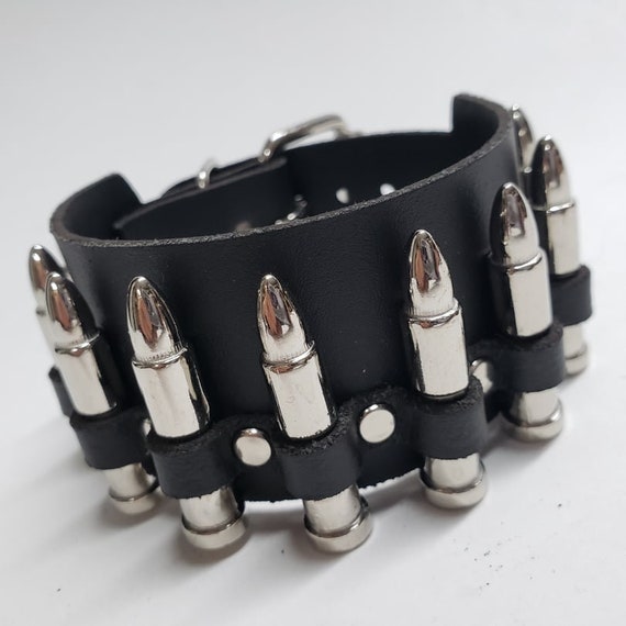 Black Leather wrap Stud & Bullet Bracelet Gothic Punk Biker Real Leather Bracelet With Cast Bullet  main image 2