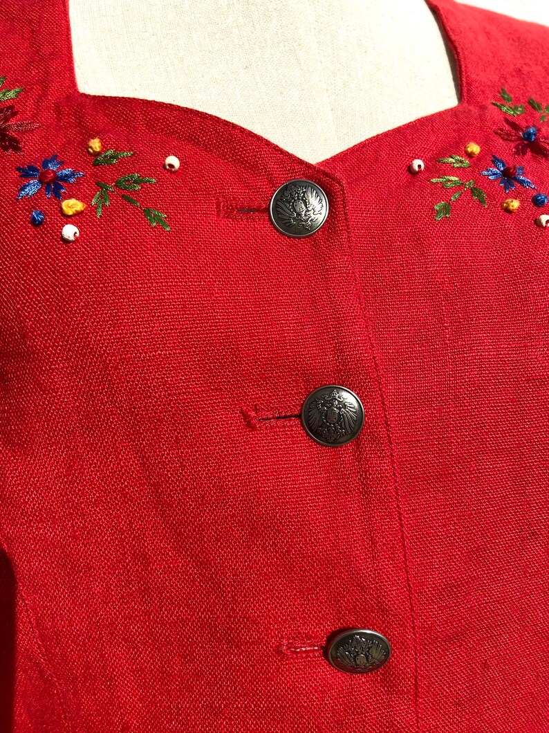 Vintage red Austrian dirndl trachten blazer jacket with sweet floral embroidery size S