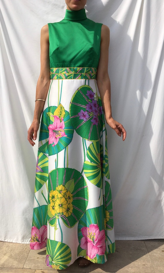 Vintage 1970s dress gown, green floral ball gown,