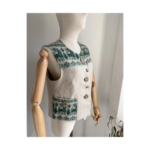 Vintage beige linen Austrian dirndl trachten vest gilet  with deer print size S