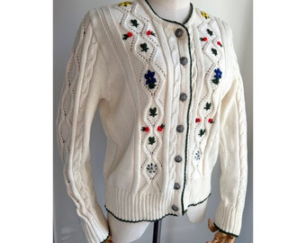 Vintage hand knitted austrian dirndl trachten floral knit ivory cardigan S/M