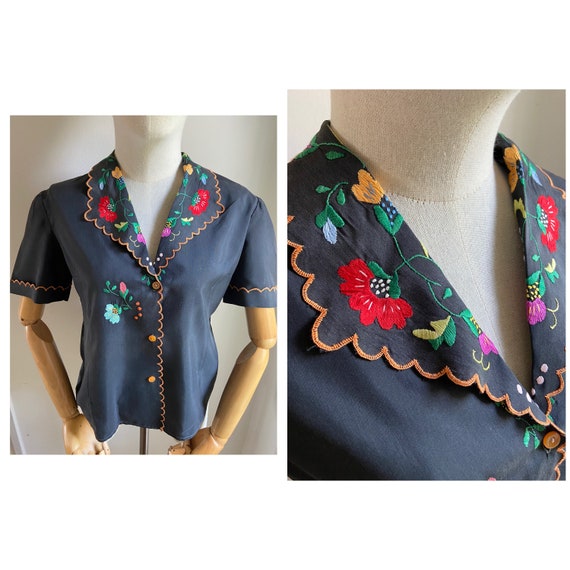 Vintage Hungarian hand embroidered floral blouse S - image 1