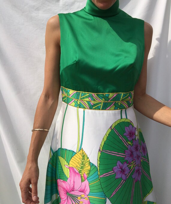 Vintage 1970s dress gown, green floral ball gown,