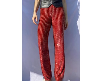 Authentic ESCADA fully sequinned red trousers , dead-stock designer glam party silk luxury pants size 36