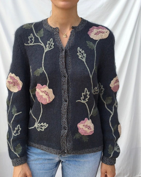 Vintage floral hand knit embroidered grey cardigan