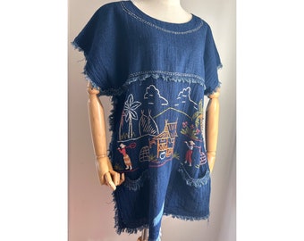 Vintage Novum Print Hand besticktes blaues Top/Tunika S/M