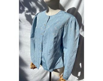 Vintage Swedish baby blue romantic drindl trachten style peasant folk blouse M/L