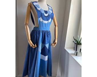 Vintage blue Austrian dirndl trachten patchwork apron cotton dress size S/M