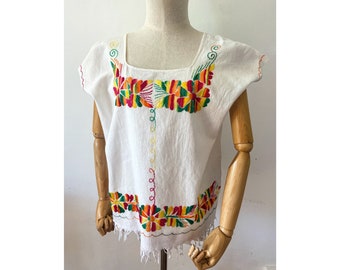 Vintage mexican hand embroidered cotton top blouse M