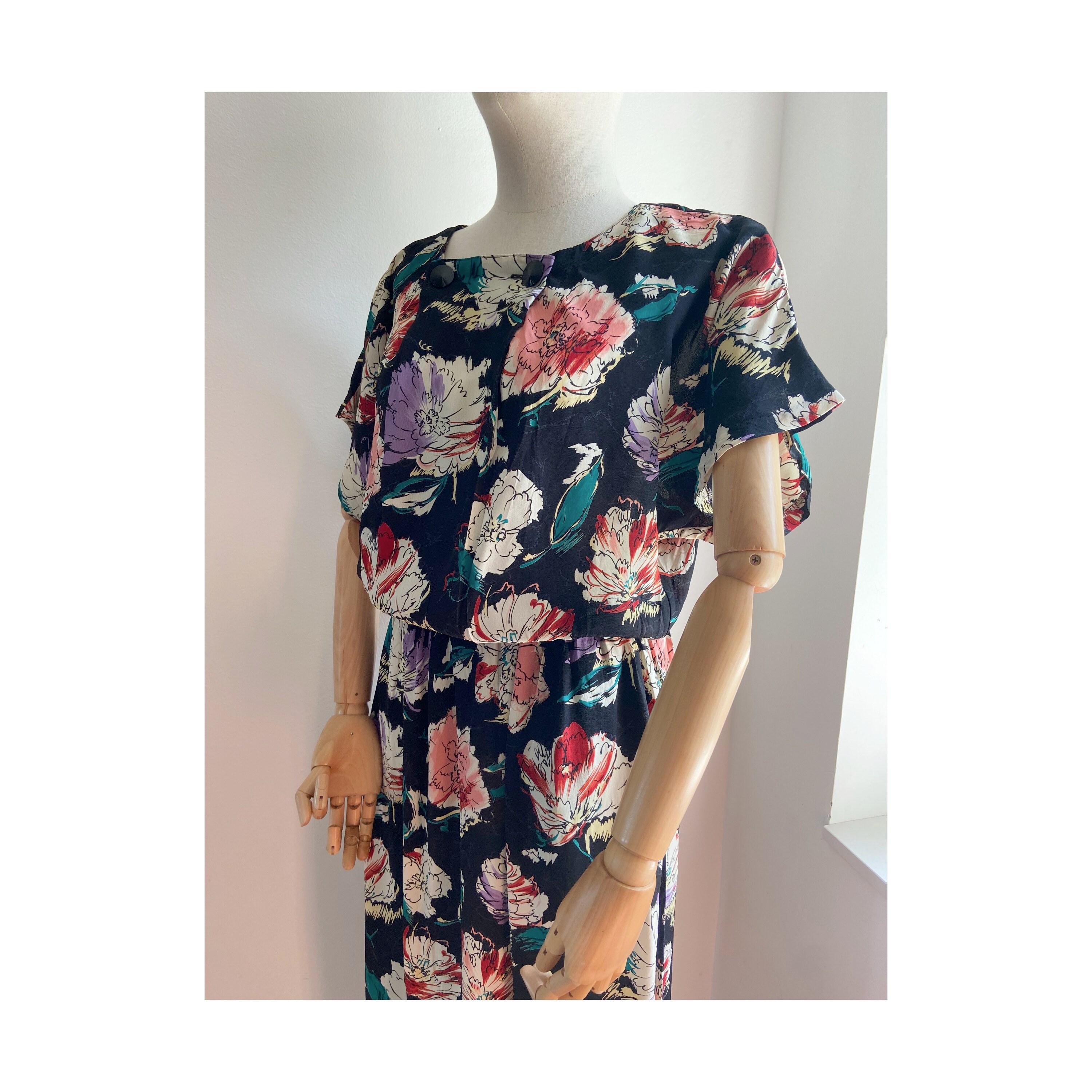 Betty Barclay Vintage Floral Summer Dress / Black Elegant Midi Dress S