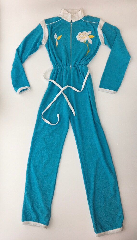 Vintage 1970’s terry cloth blue white jumpsuit wit