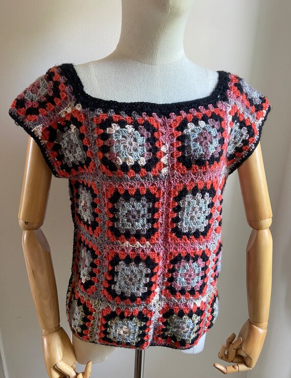 Hand crocheted hand knitted patchwork vest gilet … - image 2
