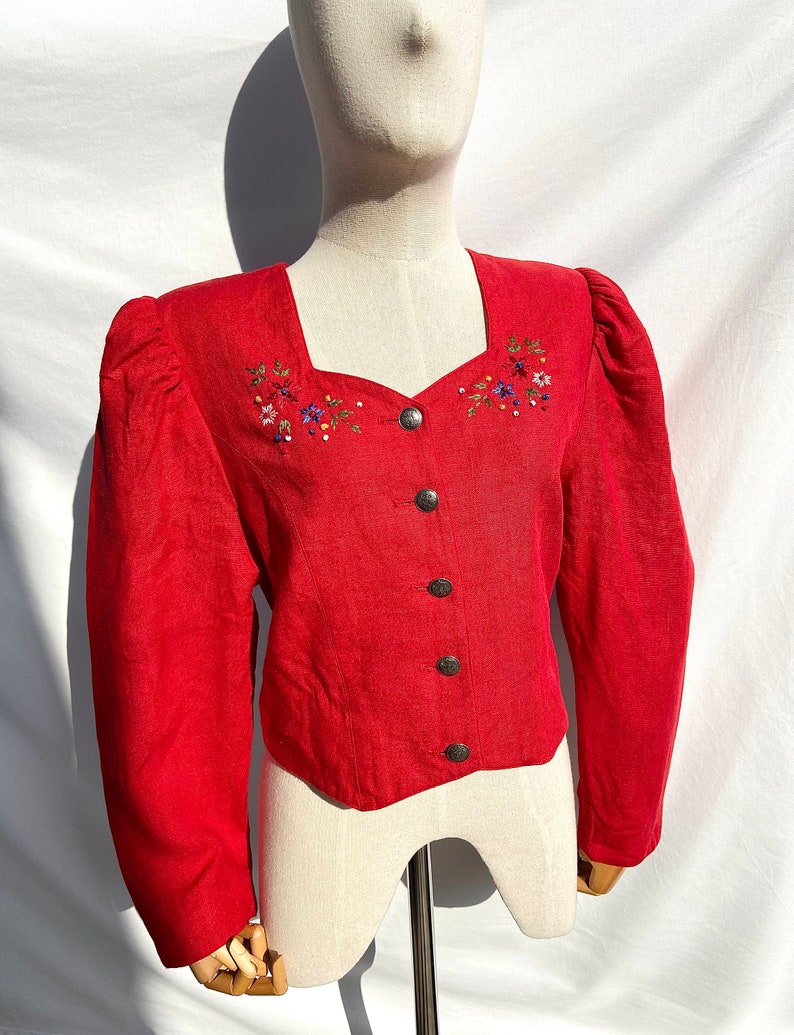 Vintage red Austrian dirndl trachten blazer jacket with sweet floral embroidery size S