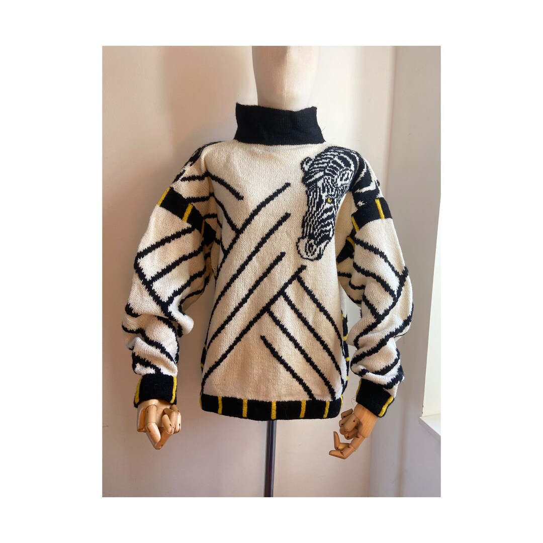 Vintage Hand Knit Black and White Zebra Print Sweater M Etsy