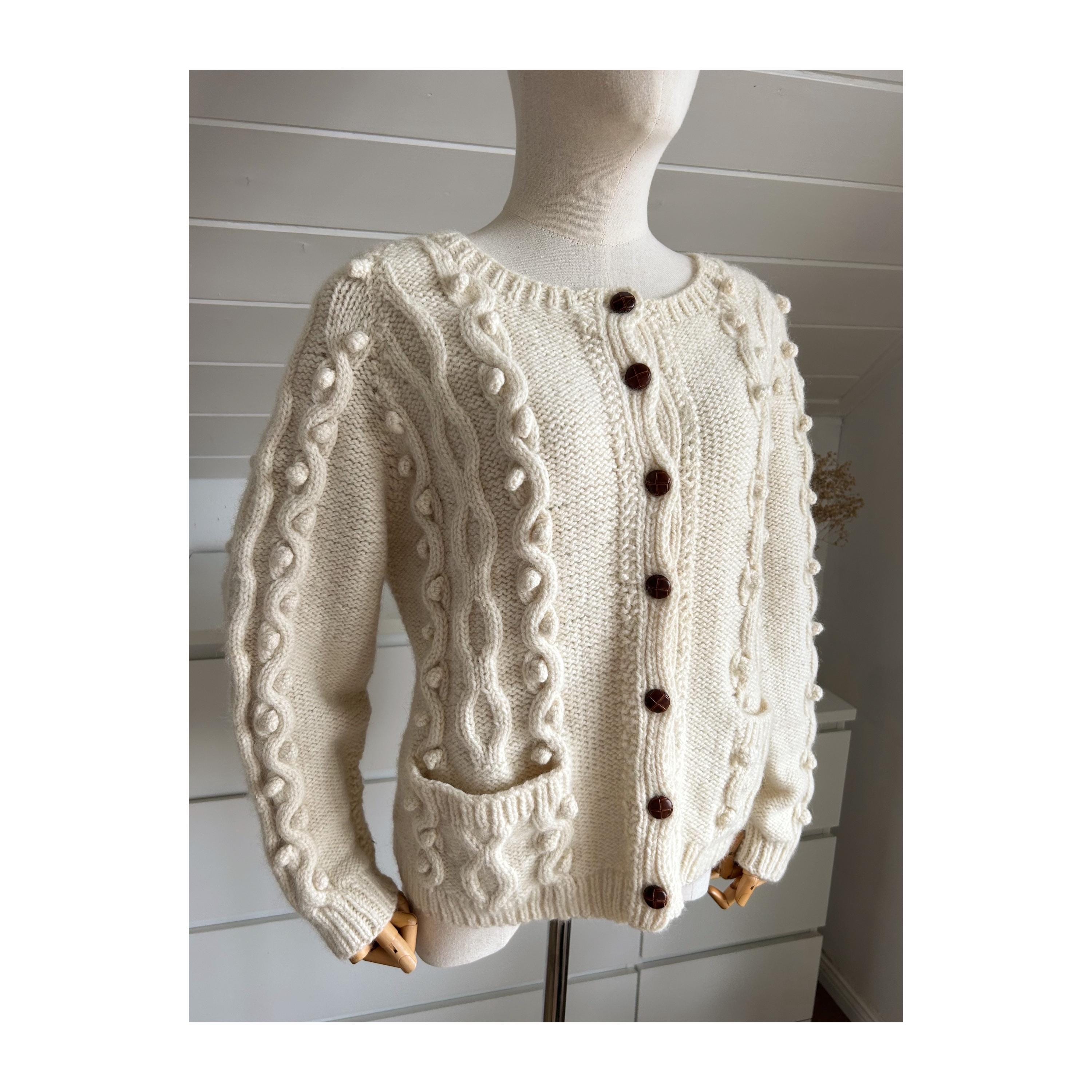 Vintage Hand Knitted/cable Knit/ Popcorn Knit Ivory Cardigan M