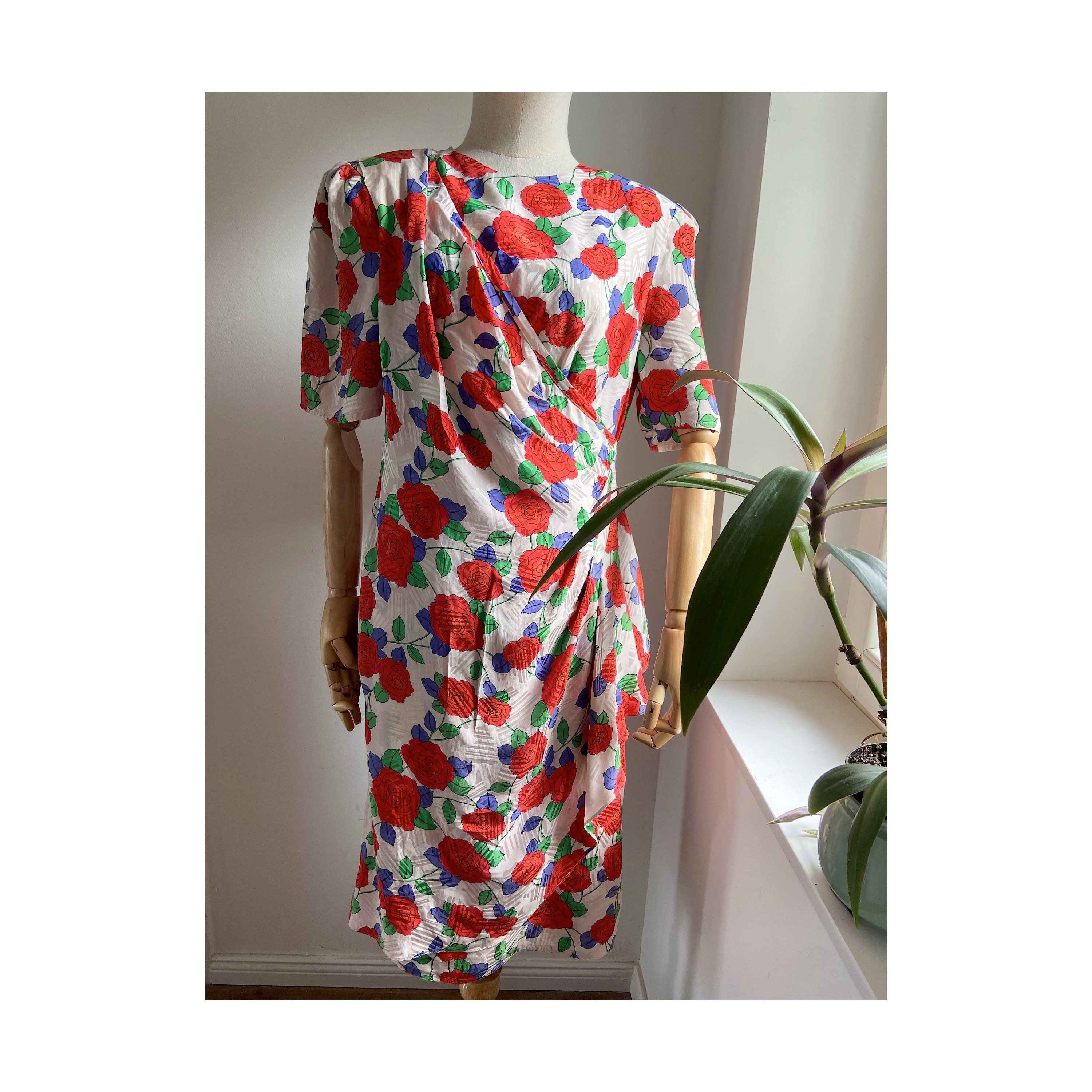 Vintage 100% Silk Azalea London Flower Print Summer Dress Rose