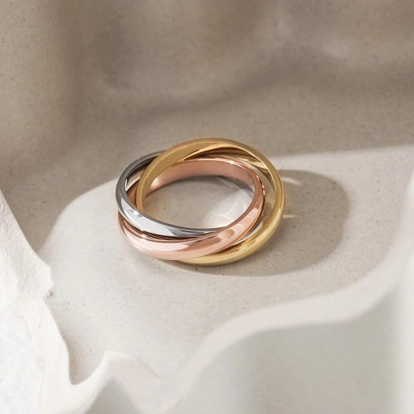 Tricolor Rolling Ring, nicht anlaufend, ineinandergreifender Ring, dreifacher Bandring, Gold, Silber, Rosegold, Tri Tone Ring, Angst Ring Spinner