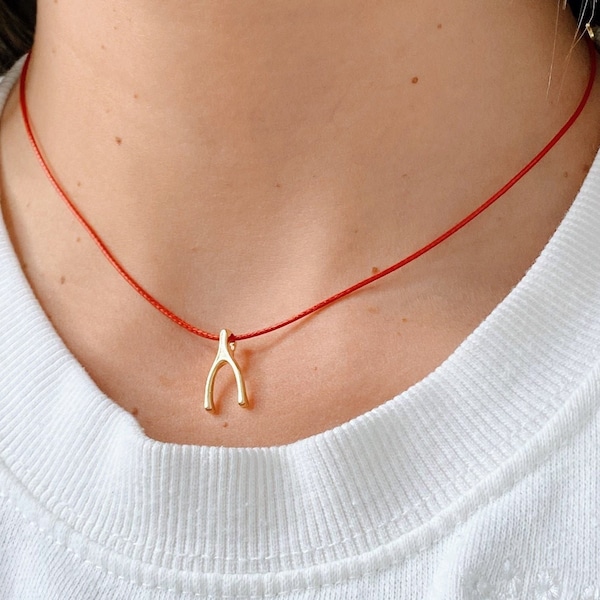Wishbone Choker, Red Cord Necklace, Lucky Charm Necklace, Good Luck Gift