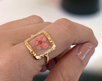 Pink Flower Ring, Tarnish Free Ring, Water Resistant Ring, Resizable Ring, Stainless Steel Ring, Floral Ring for Women