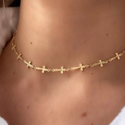 Gold Cross Choker Necklace Tiny Gold 