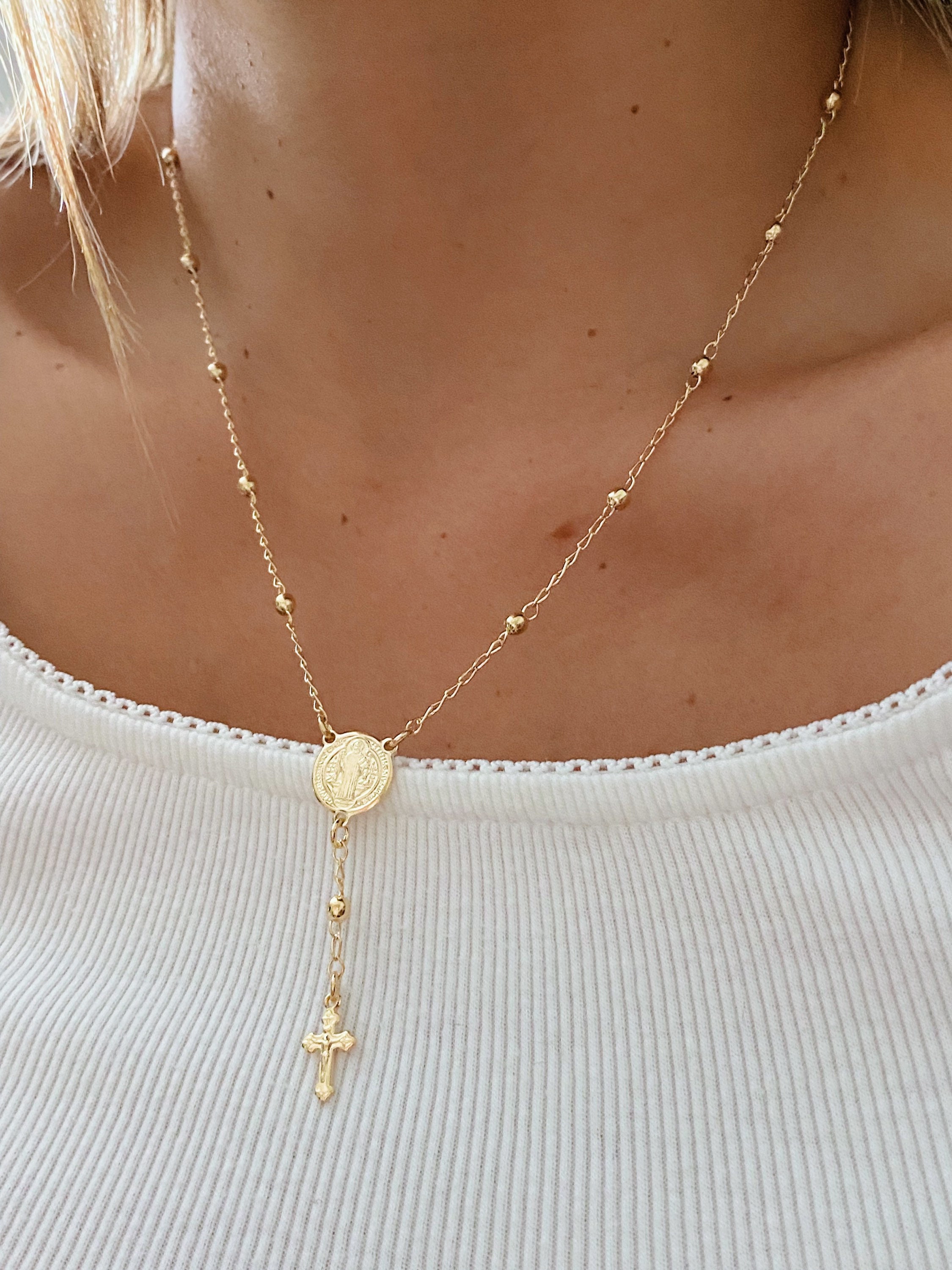 Catholic Rosary Necklace Dainty Cross Necklace Rosary Style Etsy
