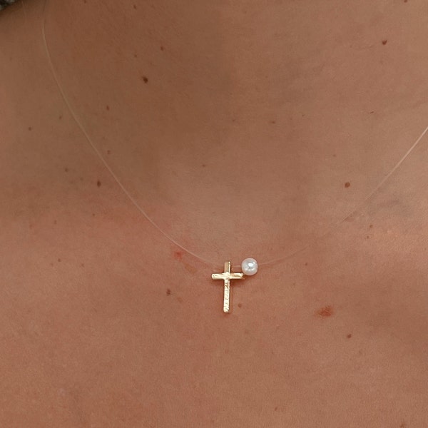 Pearl Cross Necklace, Tiny Cross Necklace, Freshwater Pearl Choker, Floating Cross Necklace, Illusion Necklace, Invisible Necklace