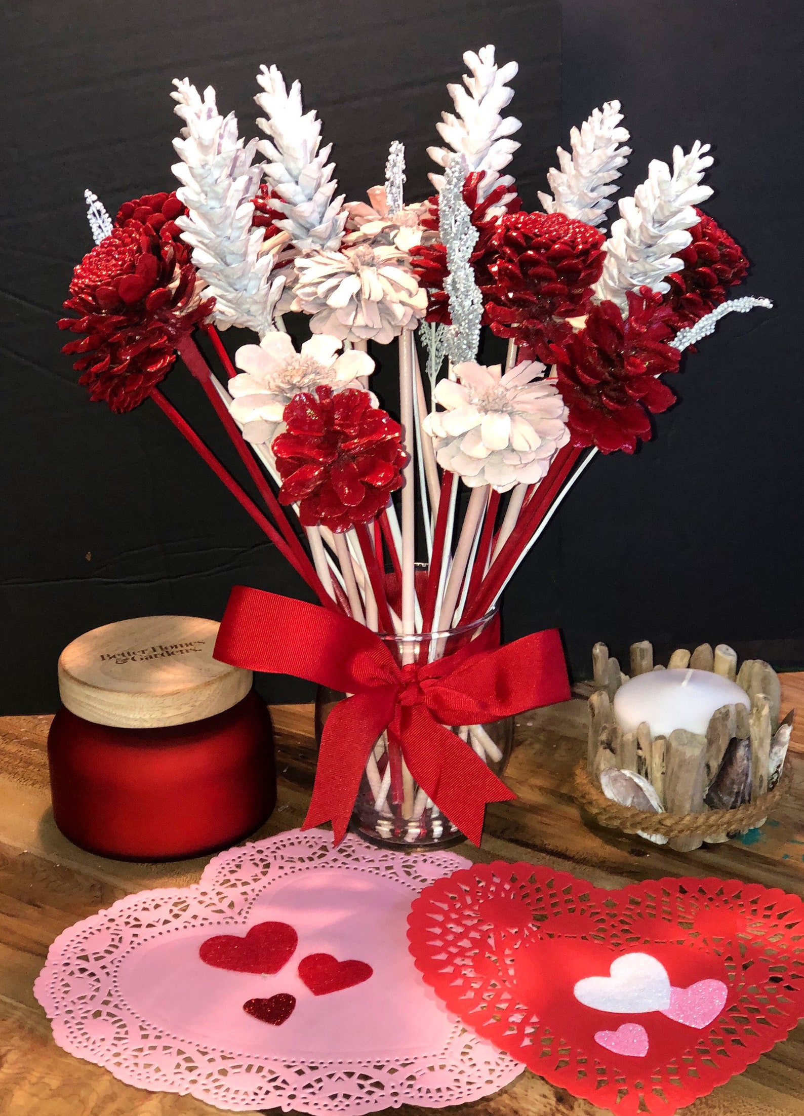 Pinecone Flowers for Valentines Day or Mothers Day Red White Etsy