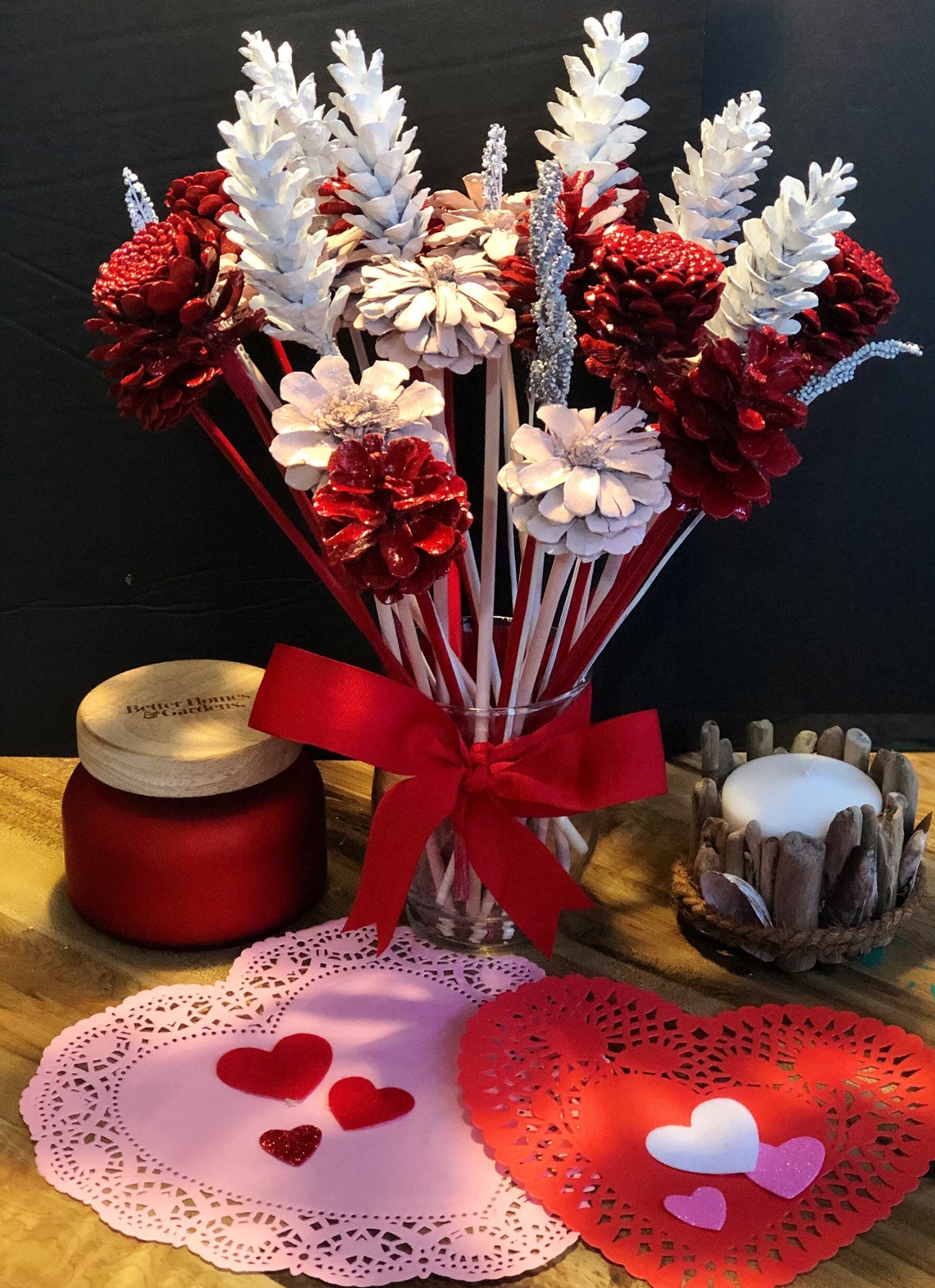Pinecone Flowers for Valentines Day or Mothers Day Red White Etsy