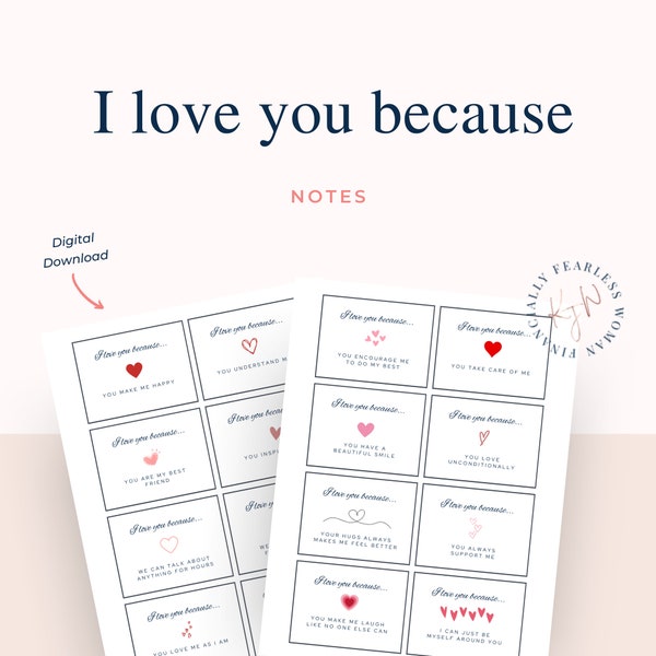 Printable because I love you notes. Great Valentine's Day, Engagement, Anniversaries, Birthdays, wedding, girlfriend, boyfriend gifts.