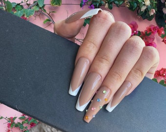 Französische V-Spitze Falsche Nägel | Bunte Strasssteine | Natürliche | Handbemalte Gelnägel | Fake Nägel | Luxus Nägel