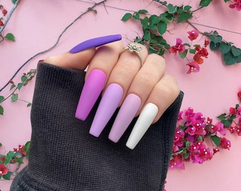 Purple Gradient / Purple Ombré / Bright / Uñas de gel pintadas a mano / Uñas falsas / Uñas de lujo