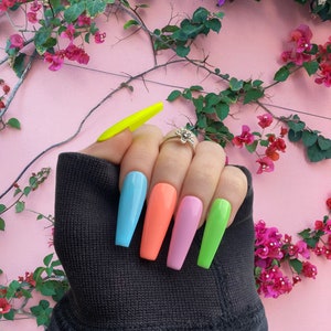 Summer Vibes | Neon Nails | Bright | Hand-painted Gel Nails | Fake Nails | Luxury Nails
