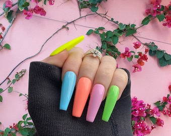 Vibraciones de verano / Uñas de neón / Brillante / Uñas de gel pintadas a mano / Uñas falsas / Uñas de lujo
