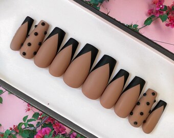 Uñas postizas negras V-tip / Diamantes de imitación negros / Uñas de gel pintadas a mano / Uñas falsas / Uñas de lujo
