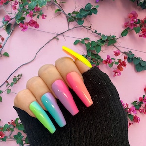 Neon Ombré Falsche Nägel | Sommer | Helles | Handbemalte Gelnägel | Fake Nägel | Luxus Nägel