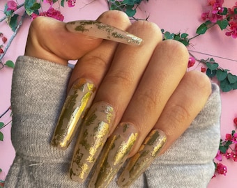 Lámina de oro / Lámina de plata / Uñas de gel pintadas a mano / Uñas falsas / Uñas de lujo