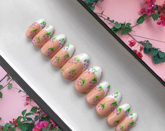 Uñas de punta francesa de uva / Uñas de frutas / Uñas de gel pintadas a mano / Uñas falsas / Uñas de lujo