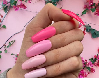 Uñas de gradiente rosa / Uñas de gel pintadas a mano / Uñas falsas / Uñas de lujo