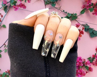 Varios colores / Uñas postizas de lentejuelas de mariposa / Uñas de gel pintadas a mano / Uñas falsas / Uñas de lujo