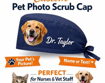 Personalisierte Haustier Foto Scrub Cap - Personalisierte chirurgische Eingriffsmütze mit Ihrem Hund oder Katze Bild, Namen Option, Geschenk für Krankenschwestern & Tierarzt