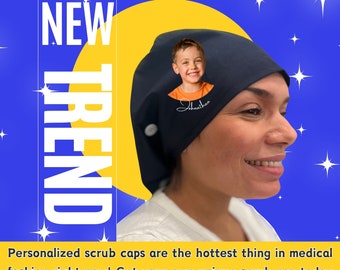 May include: A blue scrub cap with a personalized design featuring a child's photo and the name "Jonathan". The cap is a new trend in medical fashion.