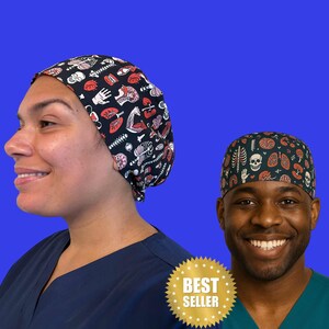 Anatomy Scrub Cap for Doctors, Nurses, Med Students – Black Surgical Cap with Brain, Uterus, Skull, Spine, Organs & Teeth Print